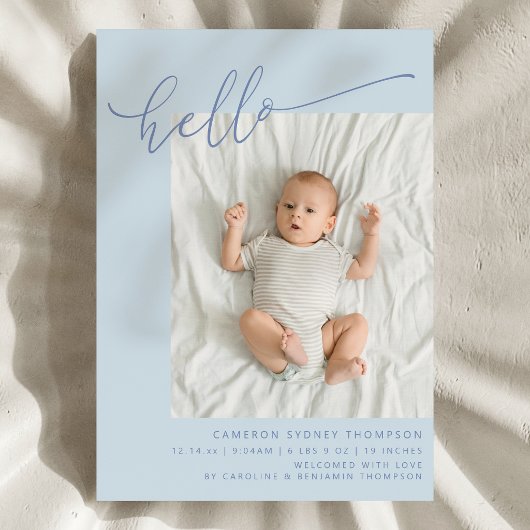 Simple Blue Script Cute Hello Baby Two Photo Birth 案内状