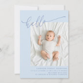 Simple Blue Script Cute Hello Baby Two Photo Birth 案内状 (正面)
