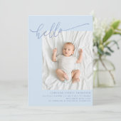 Simple Blue Script Cute Hello Baby Two Photo Birth 案内状 (スタンド正面)