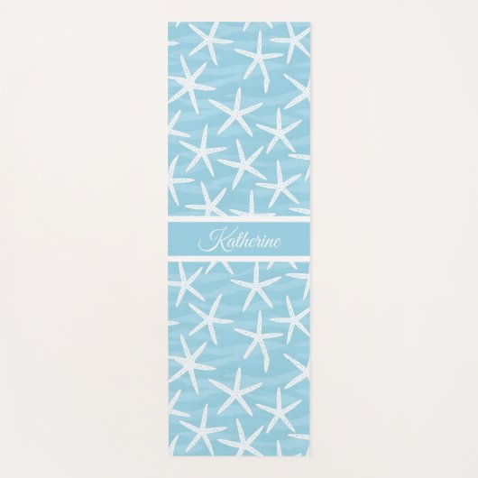 Simple Blue Starfish Pattern Coastal Script Name ヨガマット (正面)