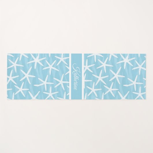 Simple Blue Starfish Pattern Coastal Script Name ヨガマット (正面(横))