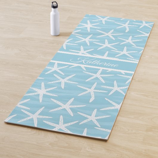 Simple Blue Starfish Pattern Coastal Script Name ヨガマット (インサイチュ)