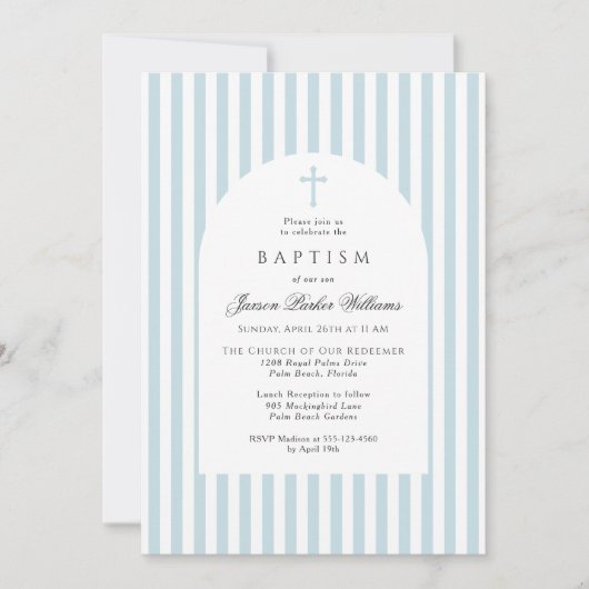 Simple Blue Stripes Baptism Invitation for Boy 招待状 (正面)
