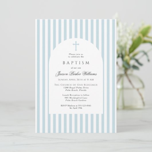 Simple Blue Stripes Baptism Invitation for Boy 招待状 (スタンド正面)