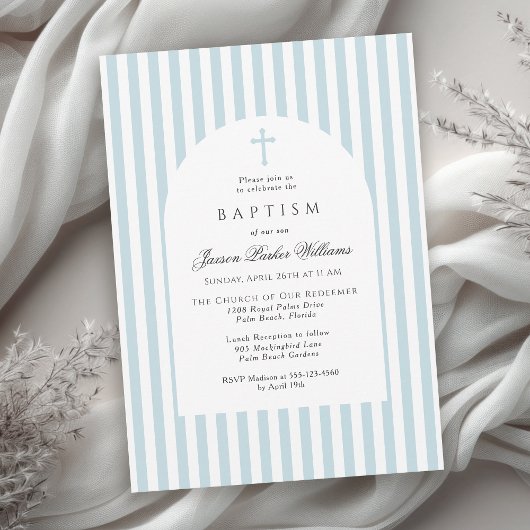 Simple Blue Stripes Baptism Invitation for Boy 招待状