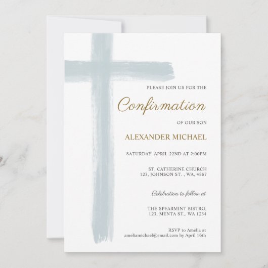 Simple Blue White Cross Boy Confirmation 招待状 (正面)