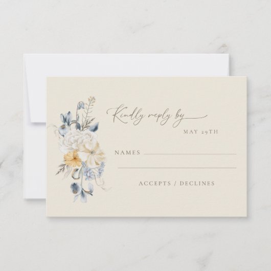 Simple Blue Yellow Floral Minimalist Wedding  出欠カード (正面)