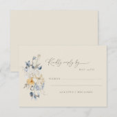 Simple Blue Yellow Floral Minimalist Wedding  出欠カード (正面/裏面)
