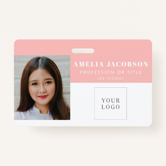 Simple Blush Pink Employee Photo ID Logo Barcode  バッジ (正面)