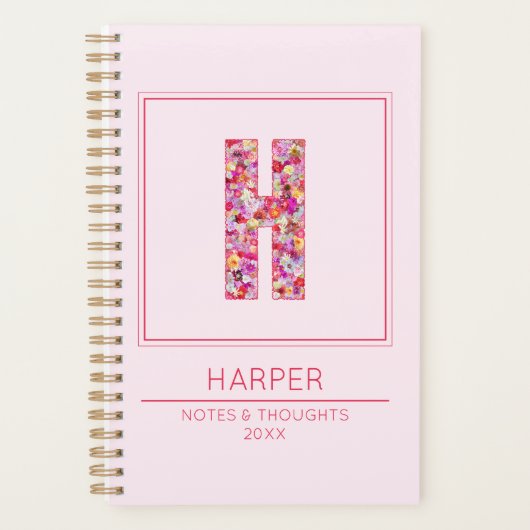 Simple Blush Pink Girly Floral Monogram Letter H プランナー手帳 (正面)