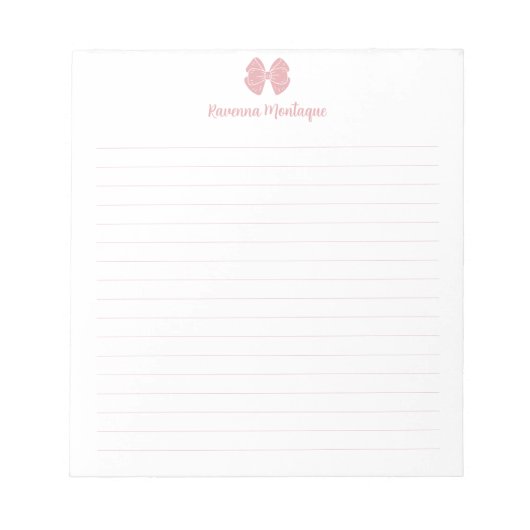 Simple Blush Rose Bow Script Custom Name Lined  ノートパッド (正面)