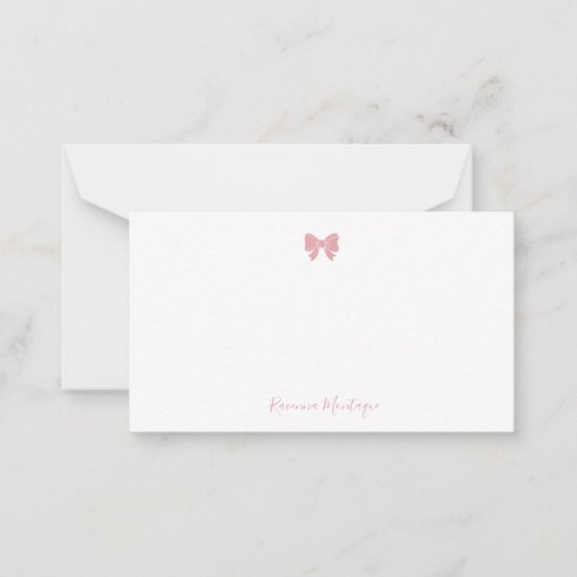Simple Blush Rose Chic Bow Handwritten Name ノートカード (正面)