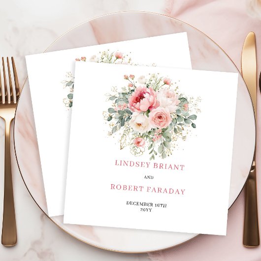Simple Blush Roses Greenery Wedding Napkins スタンダードカクテルナプキン