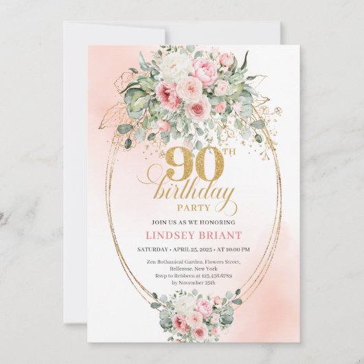 Simple Blush Roses Minimal 90th Birthday Invites 招待状 (正面)