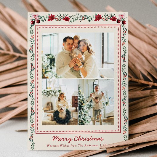 Simple Boho Christmas Greenery Poinsettia 3 Photo シーズンカード