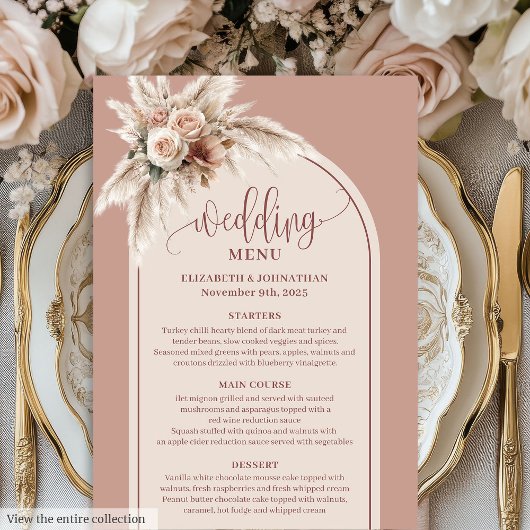 Simple Boho Dusty Rose Pampas Floral Wedding Menu メニュー