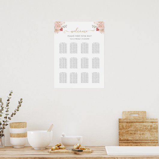 Simple Boho Florals Wedding Seating Chart ポスター (キッチン)