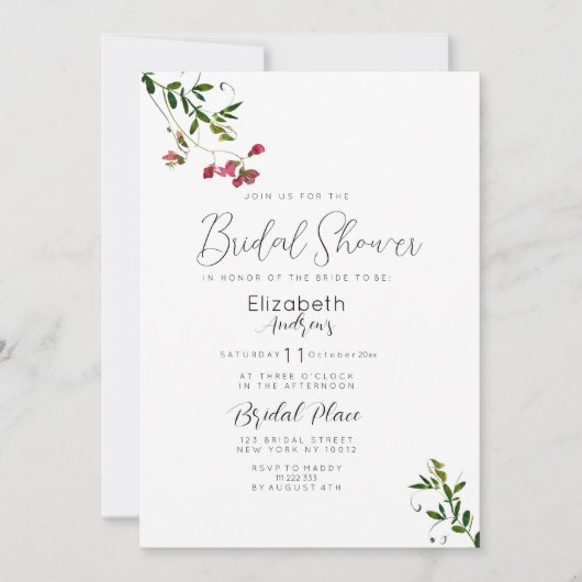 Simple botanic pink red green flora Bridal Shower 招待状 (正面)