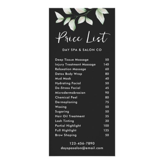 Simple Botanical Price List with QR Code Black ラックカード (正面)