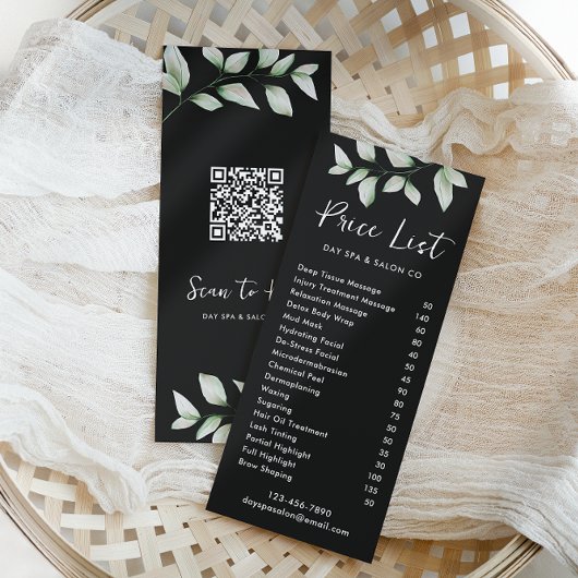 Simple Botanical Price List with QR Code Black ラックカード