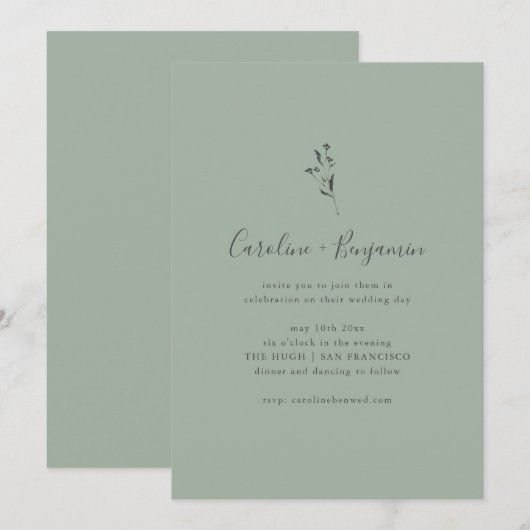 Simple Botanical Script Sage Green Boho Wedding 招待状 (正面/裏面)