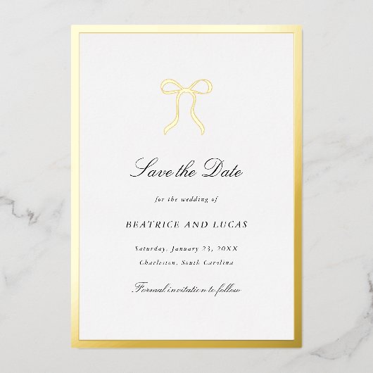 Simple Bow Classic Wedding Save the Date 箔招待状 (正面)