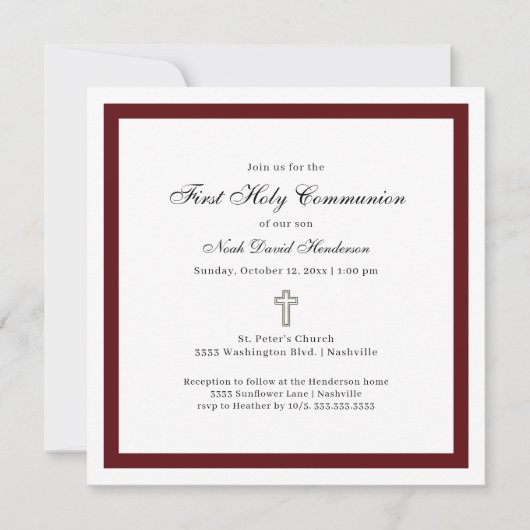 Simple Burgundy and White First Holy Communion  招待状 (正面)