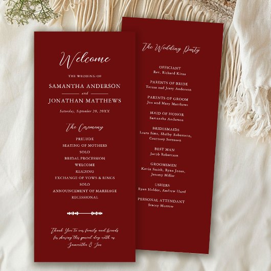 Simple Burgundy Elegant Script Wedding Ceremony プログラム