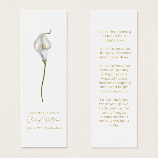 Simple Calla Lily Funeral Memorial Bookmark (正面&裏面)