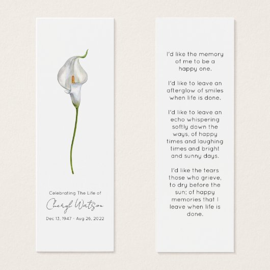 Simple Calla Lily Funeral Memorial Bookmark (正面&裏面)