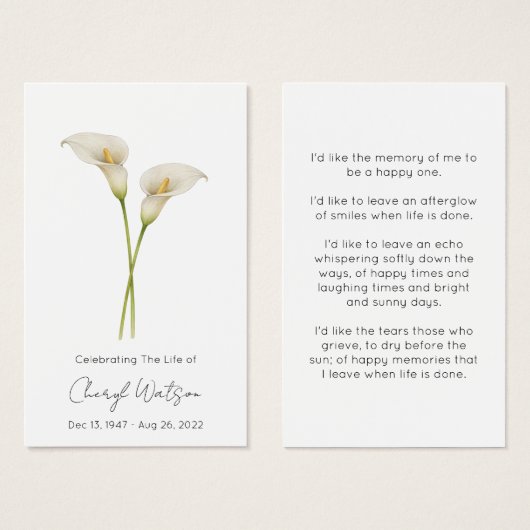 Simple Calla lily Funeral Memorial Prayer Card (正面&裏面)