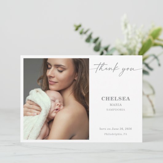Simple Calligraphy Chic Baby Photo Thank You Card 招待状 (スタンド正面)