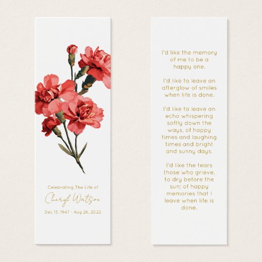 Simple Carnation Funeral Memorial Bookmark (正面&裏面)