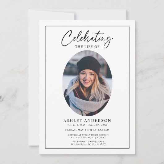 Simple Celebration of Life Black White Funeral 招待状 (正面)