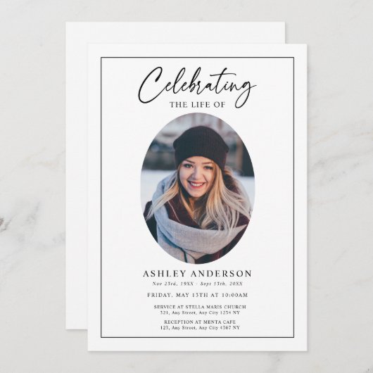 Simple Celebration of Life Black White Funeral 招待状 (正面/裏面)