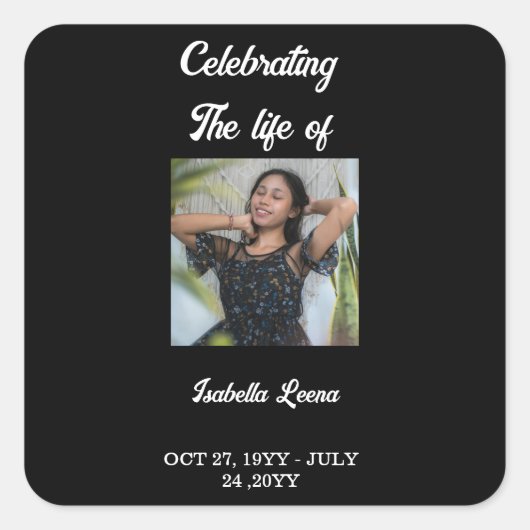 Simple Celebration of Life Funeral Memorial Photo スクエアシール (正面)