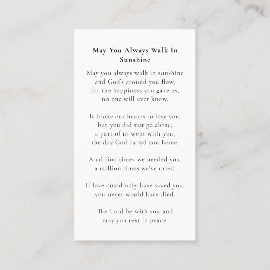 Simple Celebration of Life Memorial Prayer Card 名刺 (裏面)