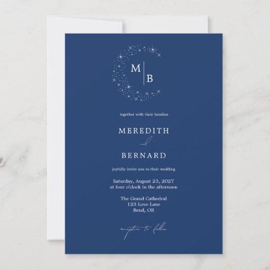 Simple Celestial Elegant Blue Monogram Wedding 招待状 (正面)