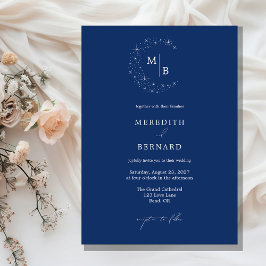 Simple Celestial Elegant Blue Monogram Wedding 招待状