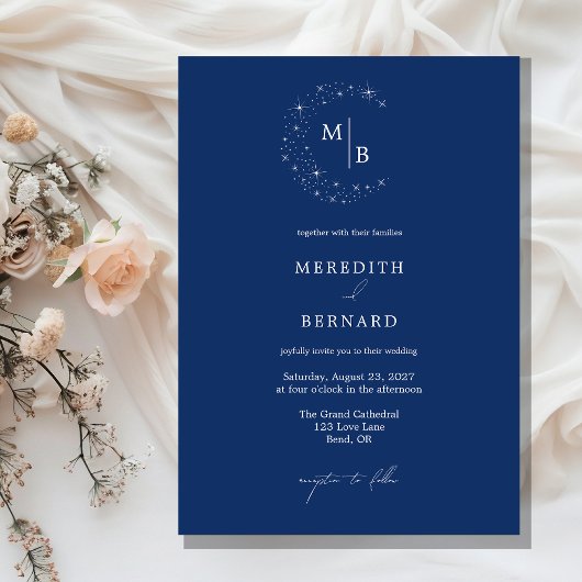Simple Celestial Elegant Blue Monogram Wedding 招待状