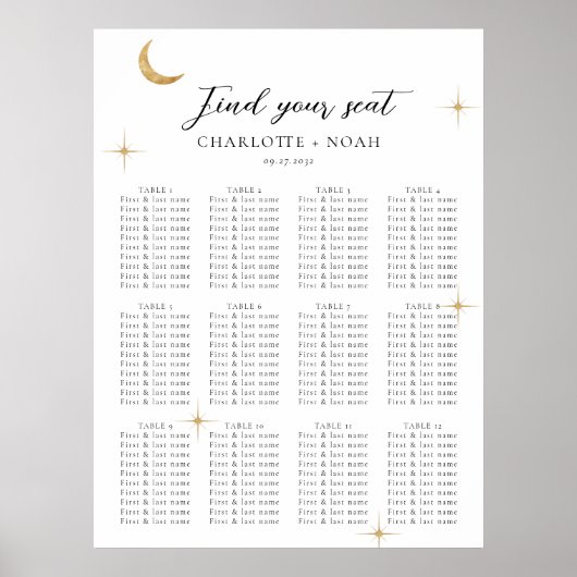 Simple Celestial Gold Moon Wedding Seating Charts ポスター (正面)