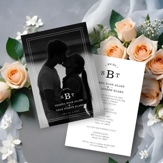 Simple Chic Black & White Photo Initials Wedding セーブザデート