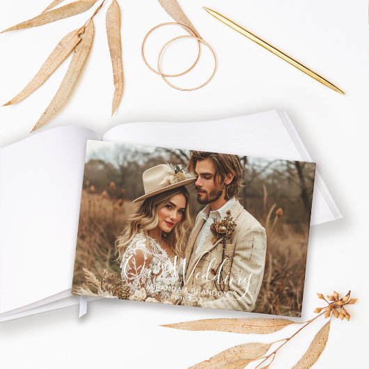 Simple Chic Elegant Calligraphy Photo Wedding ゲストブック