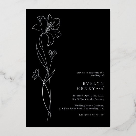 Simple Chic Floral Elegant Wedding Black & Silver 箔招待状 (正面)