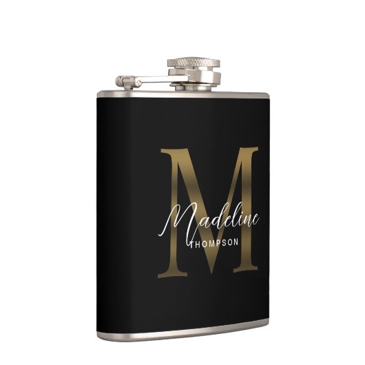 Simple Chic Script Metallic Black Gold Monogram フラスク (右)