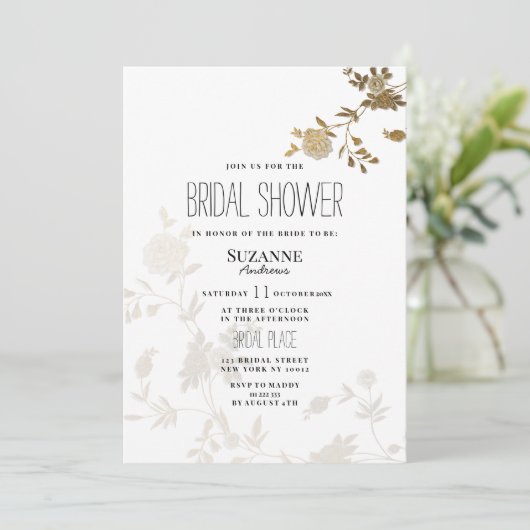 Simple chic white gold glitter flora Bridal Shower 招待状 (スタンド正面)