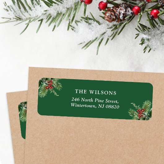Simple Christmas Leaves & Berries Return Address  ラベル