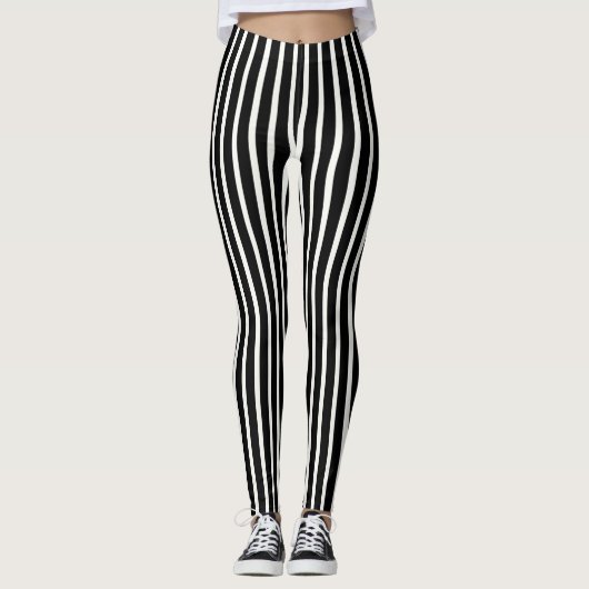  Simple Classic Black and White Vertical Striped レギンス (正面)