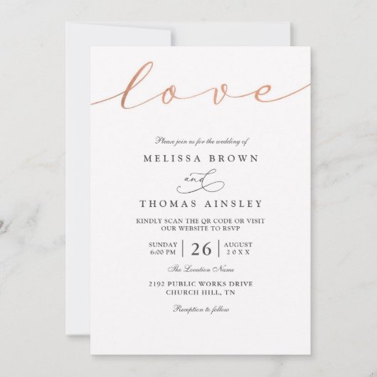 Simple Classic Love Script Rose QR Code Wedding 招待状 (正面)