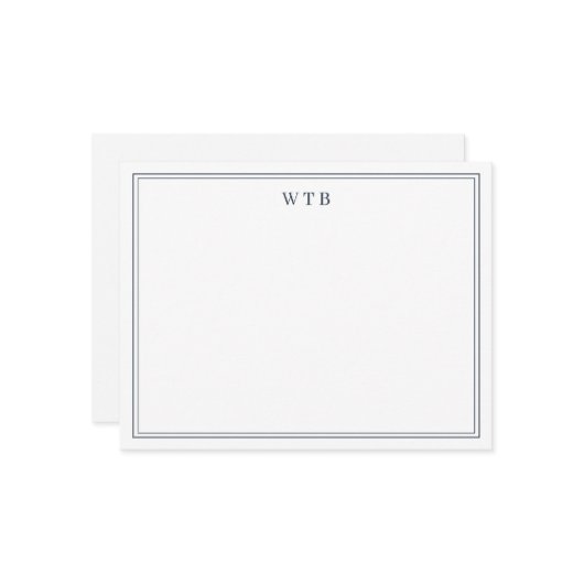 Simple Classic Navy Blue Bordered Monogram ノートカード (正面/裏面インサイチュ)